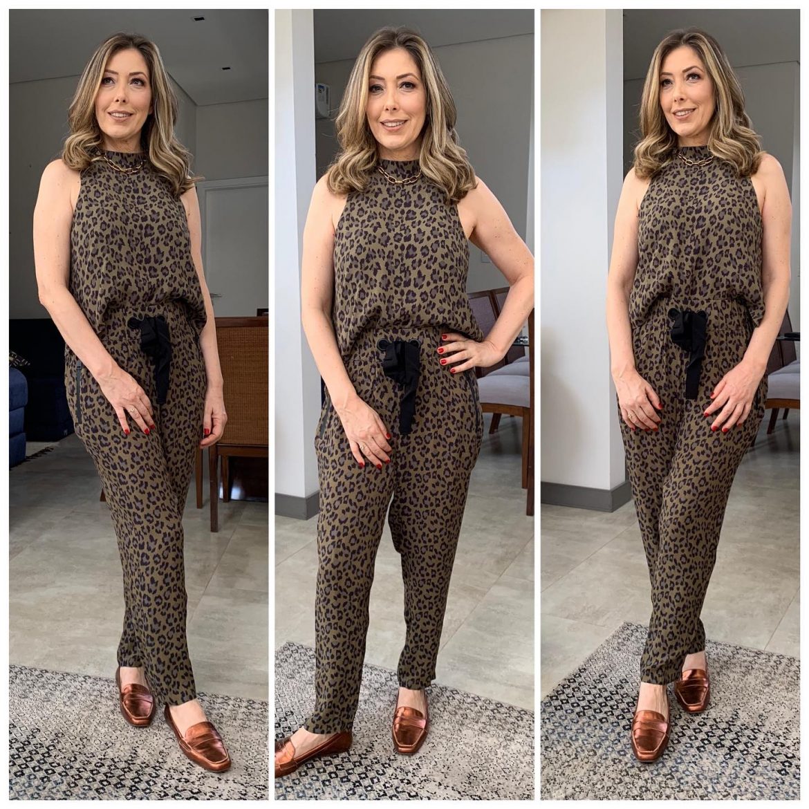 Meu look: Conjunto animal print + mocassim bronze